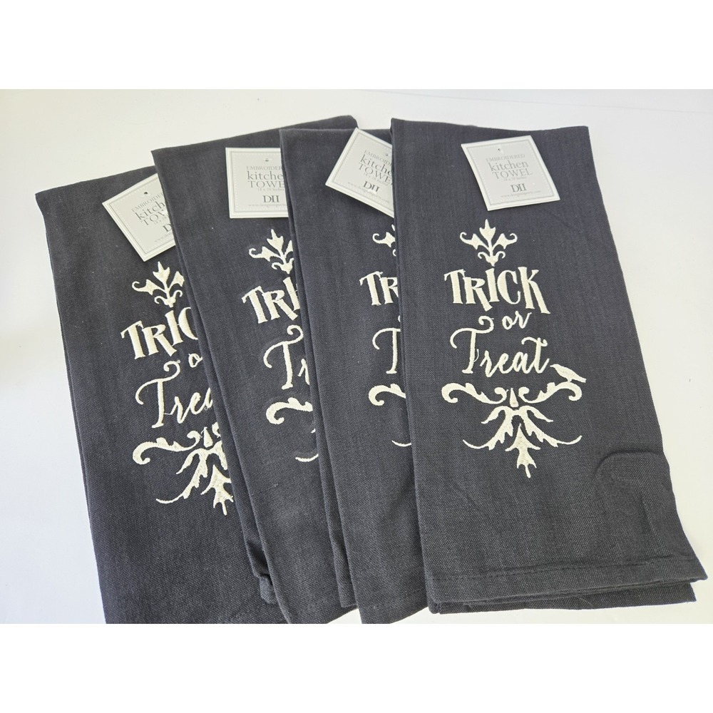 Design Imports embroidered Kitchen Towel Halloween Trick or Treat‎ set of 4 NEW